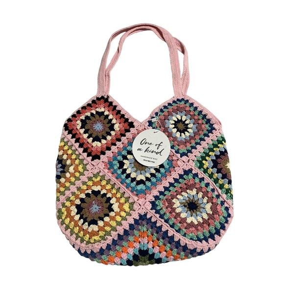 Womens Street Level Boho Crocheted Lined Handbag Granny Square Tote Multi NWT - Picture 2 of 14